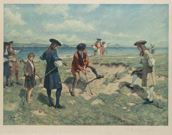 "The First International Foursome", (lithograph after Allan Stewart 1919 ). The Duke of York looks on as cobbler John Paterson plays a stroke against the two English Gentlemen. Note that while the gentlemen and Duke may be appropriately attired for the period, the style of Paterson's bonnet and their caddy's kilt are rather 19th century.