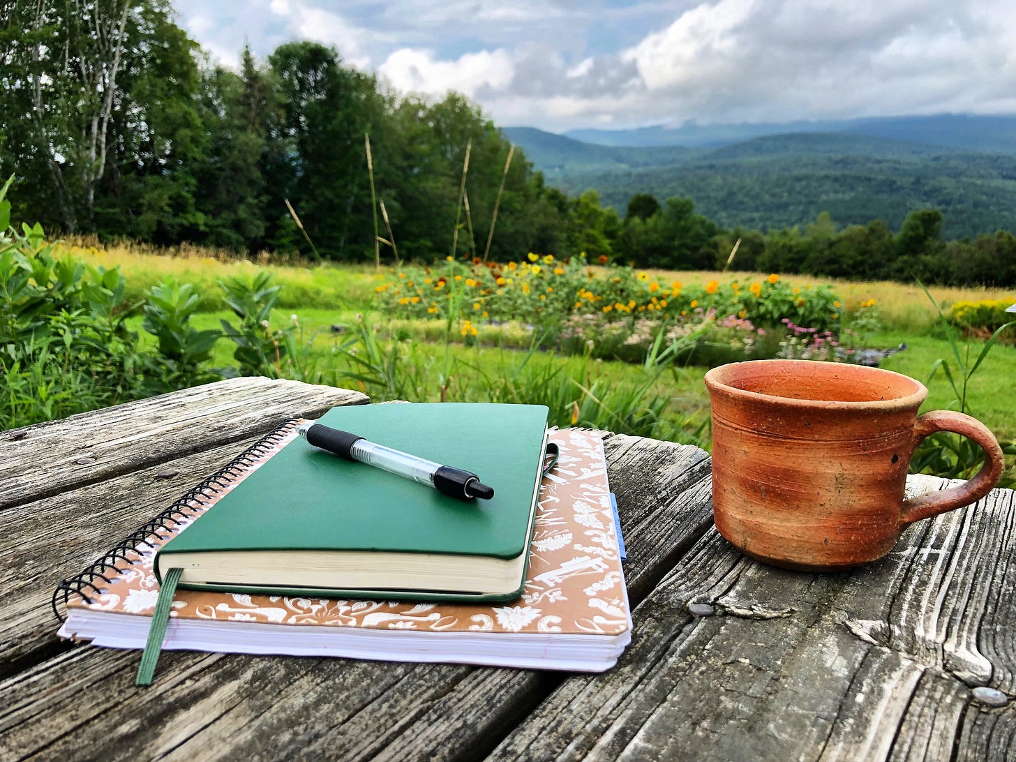 a pen, green journal, and brown notebook stacked on top of each other on a weathered picnic table, with a clay colored mug next to them.  In the background is a sunflower garden and beyond that are forested foothills rising up to a cloudy ski.