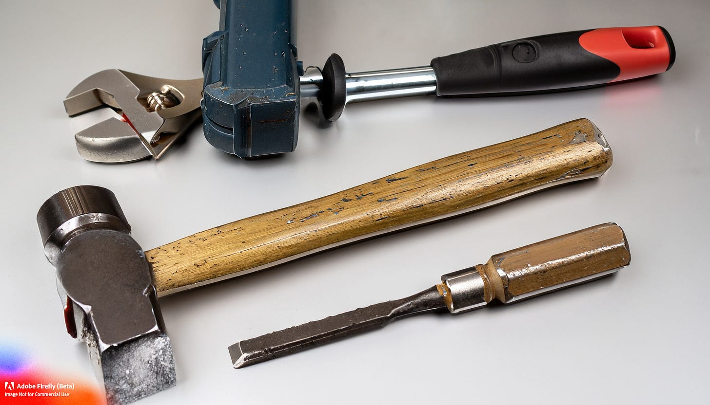 Adobe Firefly prompt: "a wrench and a drill and a hammer and a chisel"