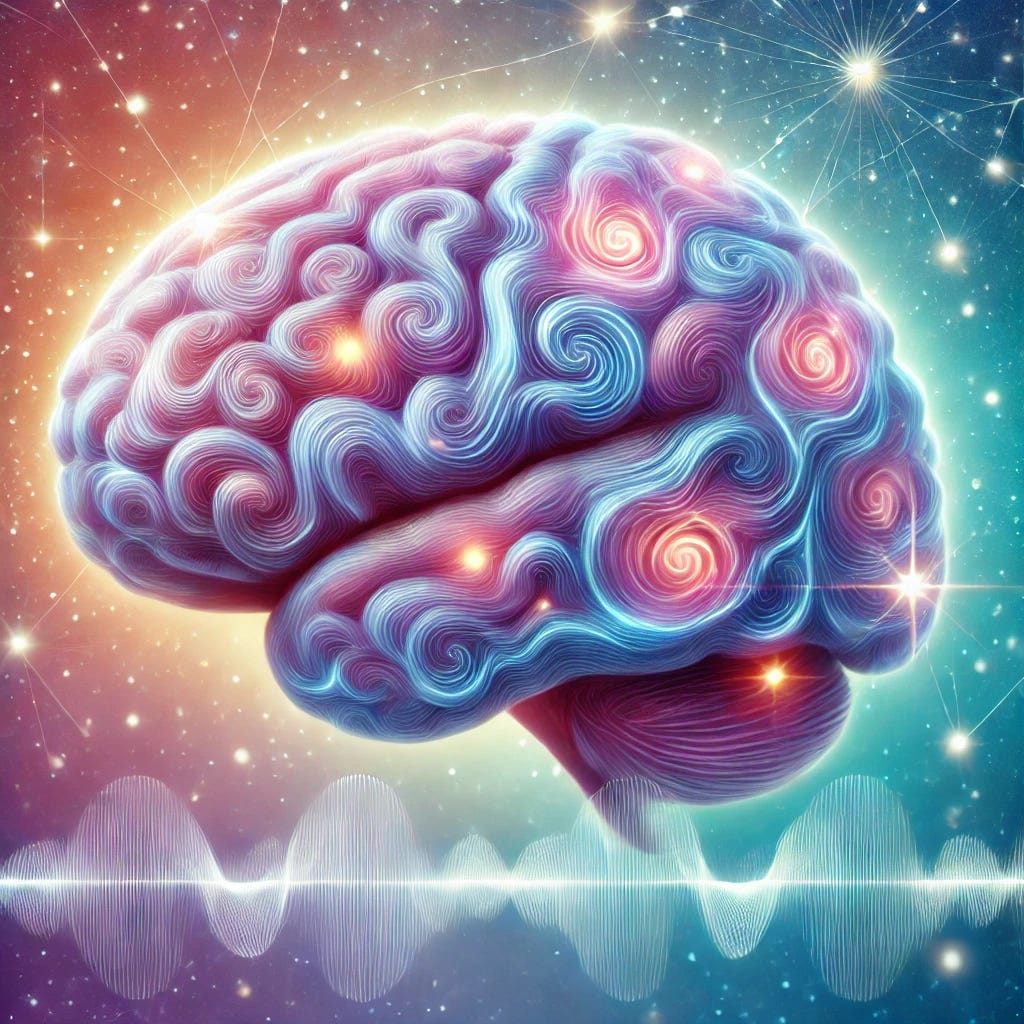 A visually engaging image depicting the concept of memory formation during sleep. The artwork features a human brain glowing softly, with highlighted regions of the neocortex and hippocampus. Gentle, slow wave patterns in soft blue and purple tones traverse the brain, symbolizing electrical activity during deep sleep. The background features a dreamy, cosmic aesthetic with stars and a serene atmosphere, representing the importance of rest for brain health. The style is modern and scientific, conveying innovation and clarity.