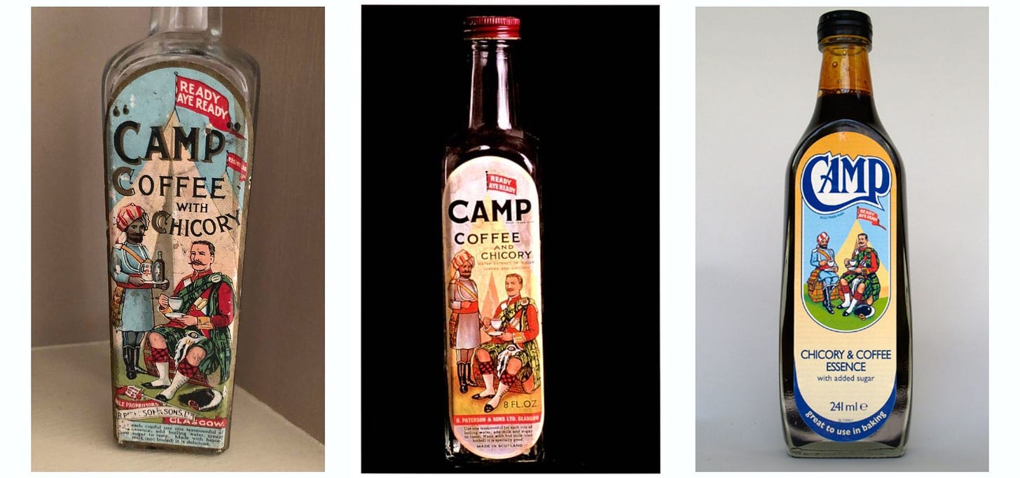 Three bottles of Camp Coffee showing the labels progression over the years