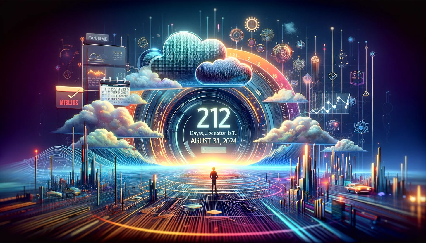 A visually striking blog header image representing the transition to Azure AMA before the August 31, 2024, deadline. The image should depict a futuristic, digital landscape, symbolizing cloud technology and innovation. Include elements like a calendar showing the countdown of 212 days, a stylized representation of Azure cloud, and visual metaphors of transformation and progress. The image should convey a sense of urgency and opportunity, with vibrant colors and dynamic, tech-inspired visuals.