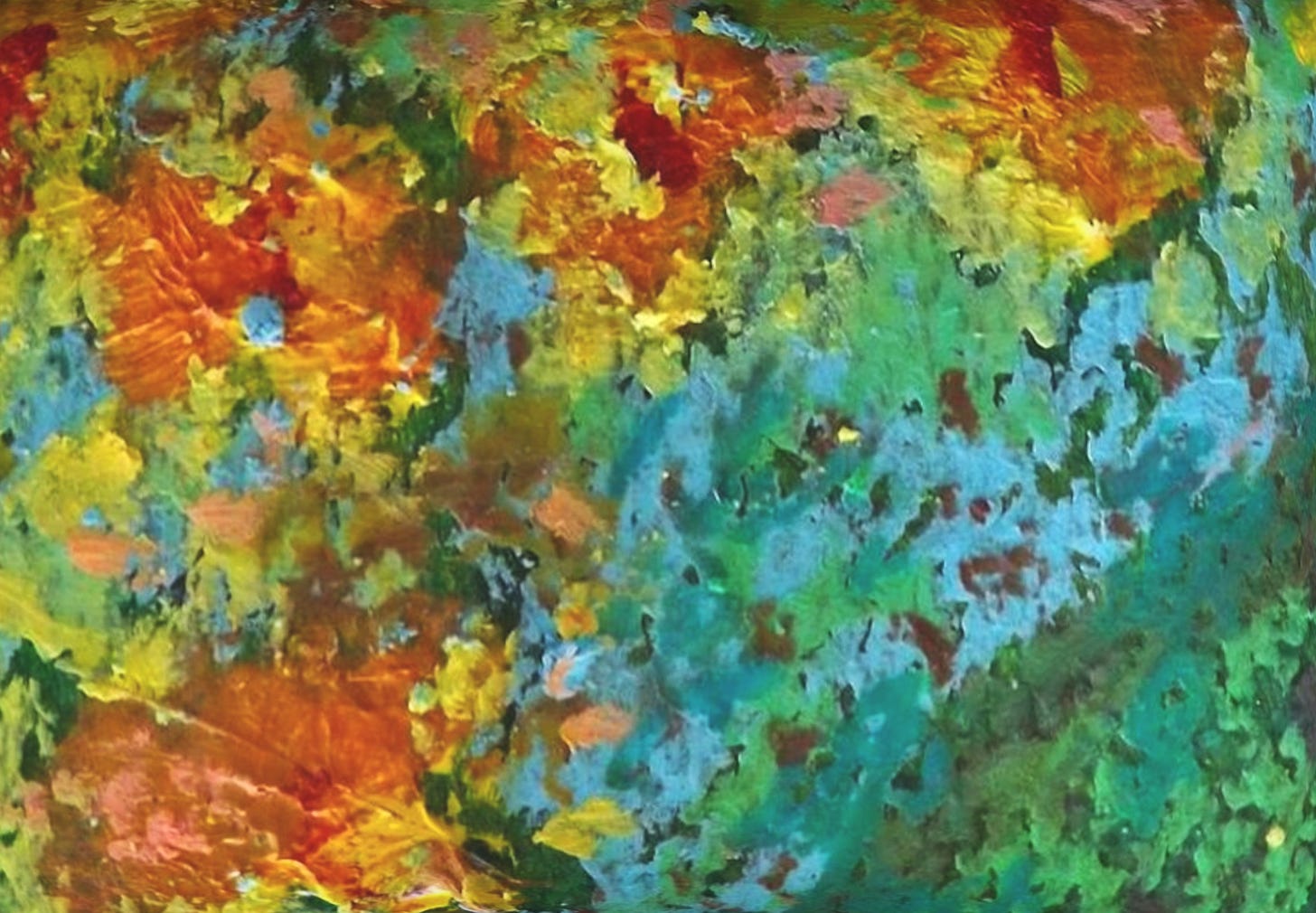 Photo of a detail of a mixed media painting by Sherry Killam Arts suggesting orange and yellow flowers floating in a blue green lagoon.
