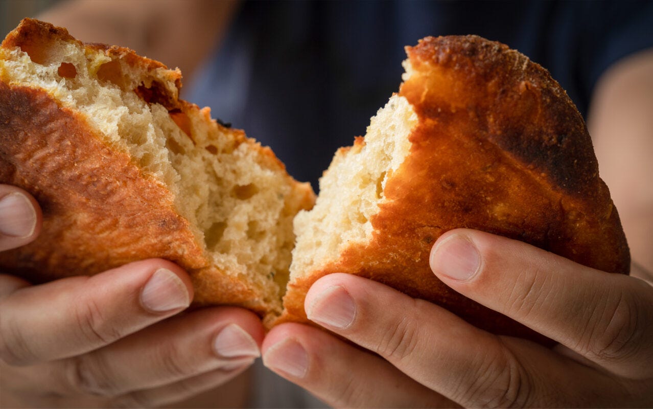 A pair of light skinned hands break a crusty loaf of bread in half