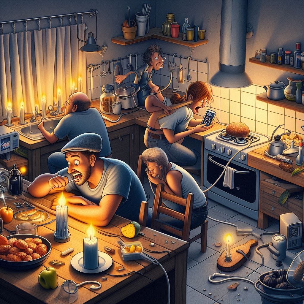 Una imagen divertida y realista que represente un apagón generalizado en España, mostrando situaciones cómicas como personas usando velas para iluminarse mientras intentan cargar sus teléfonos móviles o cocinar con linternas.