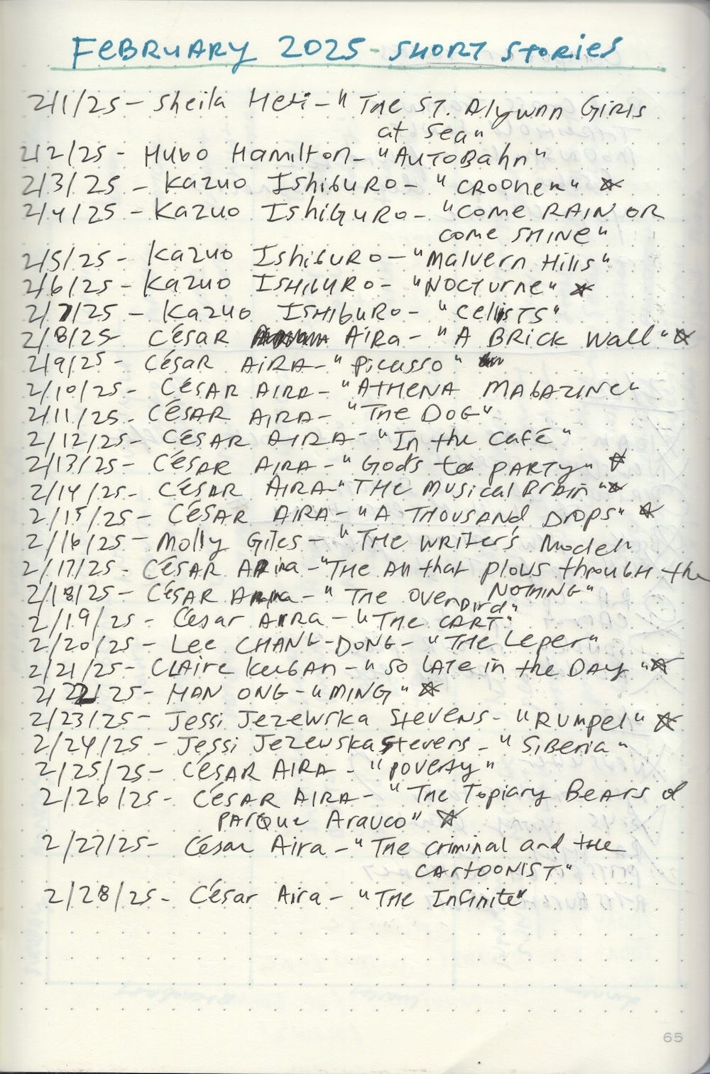 Handwritten list of stories read in February 2025