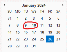 A calendar showing January 2024 with two days circled in red