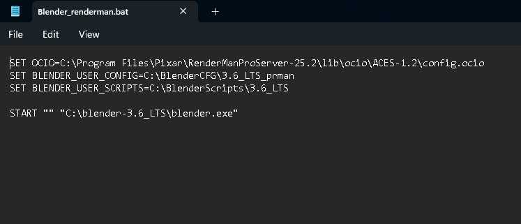 My .bat file to run Blender with Renderman as the default render engine.