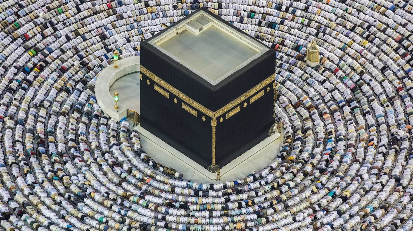 Thousands of pilgrims in sujood (prostration) around the Ka’aba. 