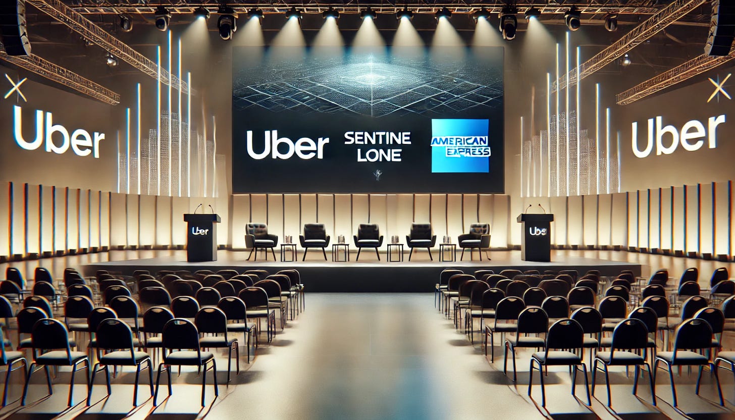 A horizontal image of a professional conference stage featuring a large screen displaying three logos: Uber, SentinelOne, and American Express. The stage is well-lit with a modern design, including sleek podiums, a minimalist backdrop, and rows of chairs in the foreground. The screen showcases the logos in a balanced layout, clearly visible and proportionate to each other. The ambiance reflects a high-profile corporate event.