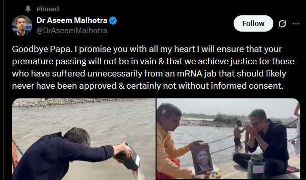 Aseem Malhotra tweet: "Goodbye Papa. I promise you with all my heart I will ensure that your premature passing will not be in vain & that we achieve justice for those who have suffered unnecessarily from an mRNA jab that should likely never have been approved & certainly not without informed consent." Aseem Malhotra tweet: "Goodbye Papa. I promise you with all my heart I will ensure that your premature passing will not be in vain & that we achieve justice for those who have suffered unnecessarily from an mRNA jab that should likely never have been approved & certainly not without informed consent."