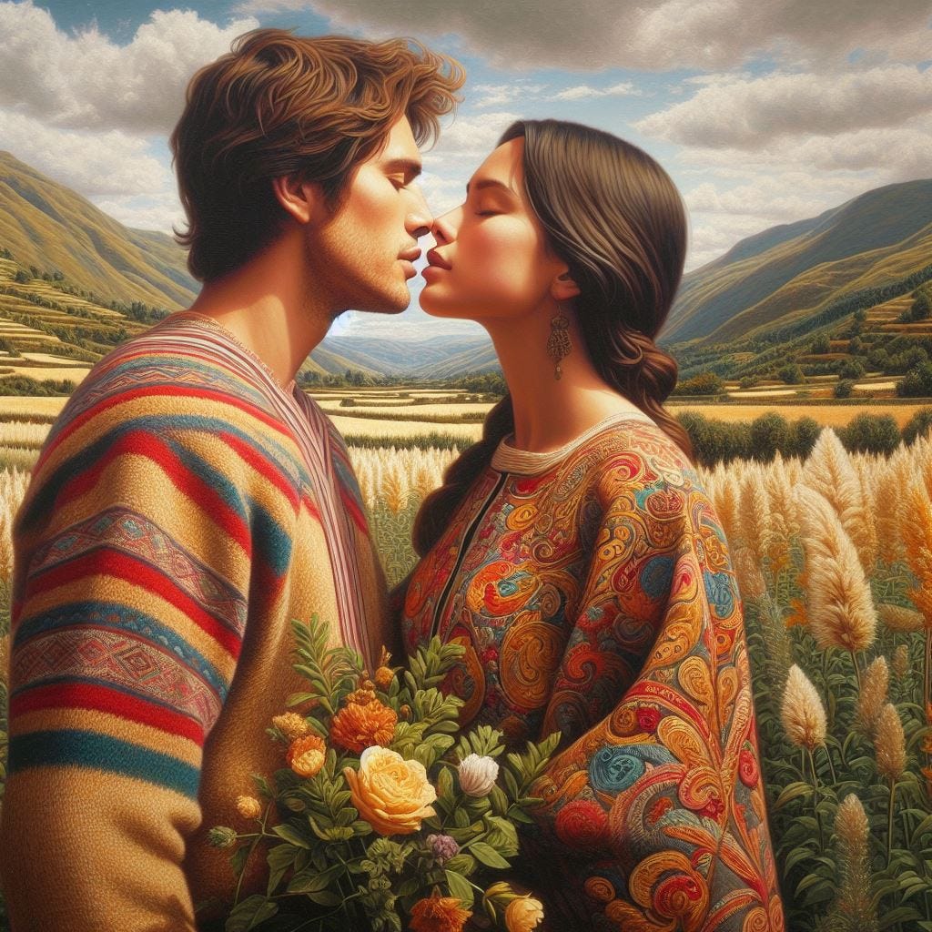 Hyper Realistic oil Painting in thick  chunky oils. Whispers of Affection being shared in wisps from the lips of a man to the lips of a woman. They are dressed in natural colors with embroidery in gold on crream.t comfortable clothes.. Peruvian textile tapestries woven alpaca wool, llama wool/cotton. vibrant, colors, natural dyes Fields of green plants and small trees with tiny leaves. Vast distance 