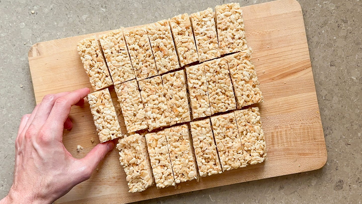 Photo of toasted coconut Rice Krispies Treats.