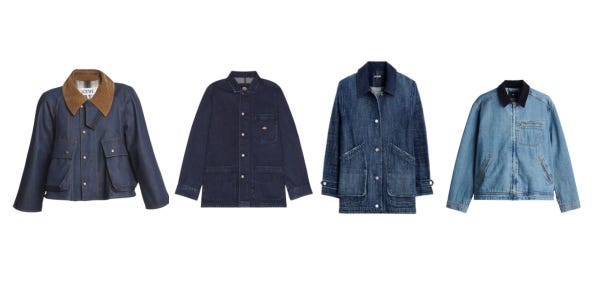 Variety of denim chore coats ranging in prices. 