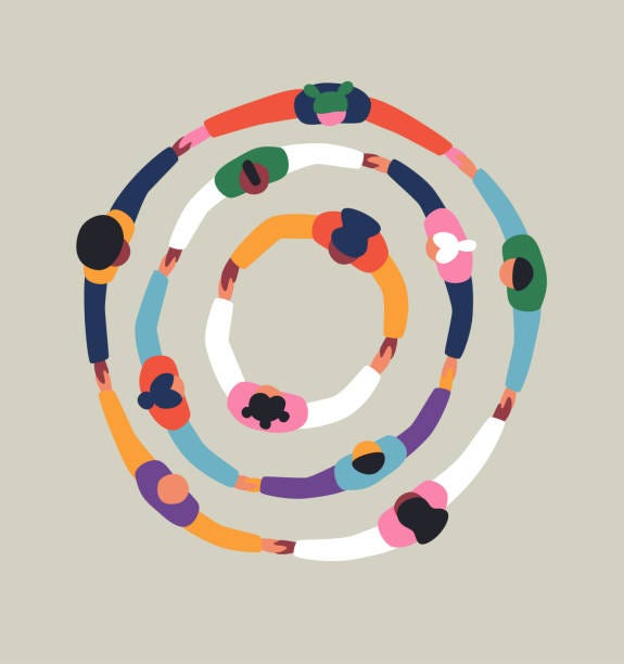 Three concentric circles of illustrated people holding hands.