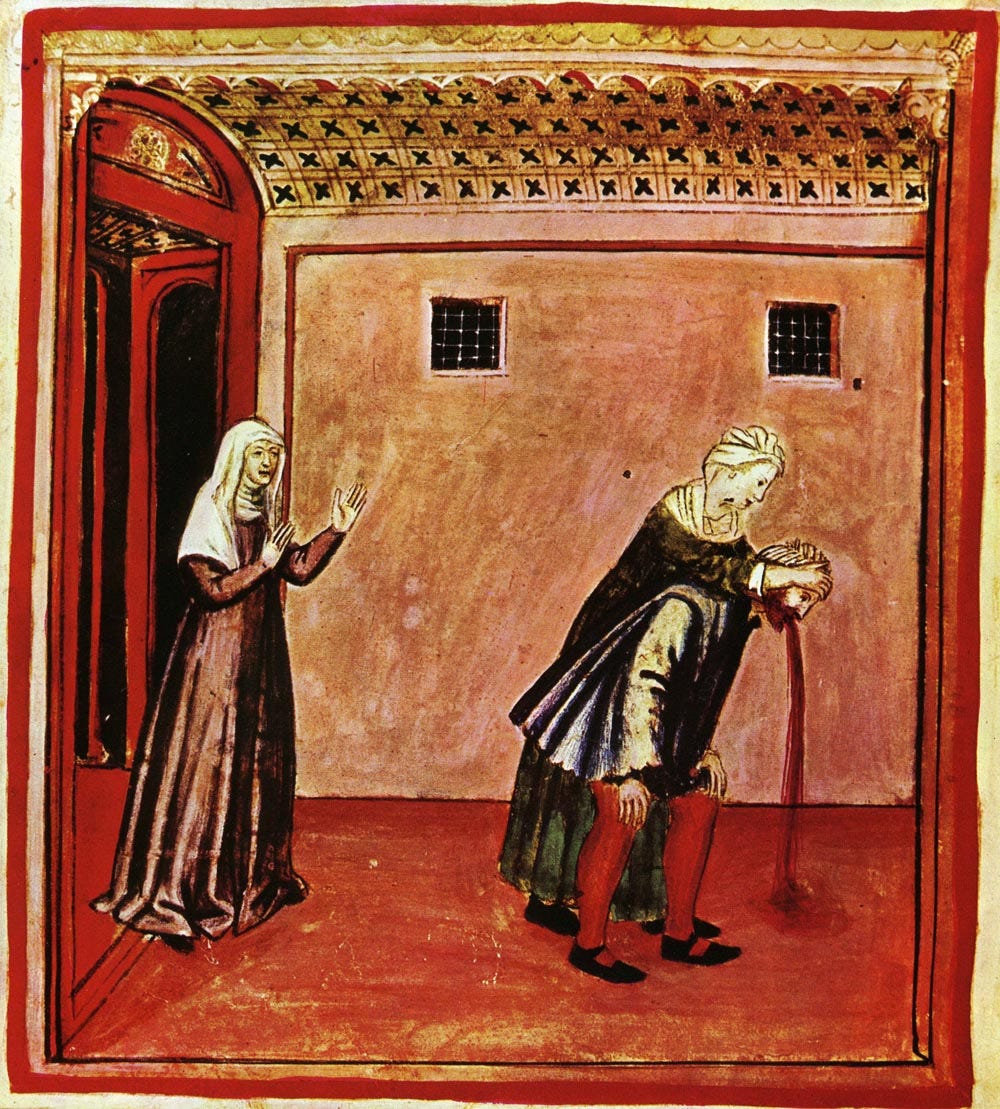 A Renaissance drawing with vivid colours depicting a woman holding the head of a man, who is bent over and expelling a brownish-red material from his mouth. A second woman stands at the left of the image in the doorway to the room, and appears to offer support. A crude representation of vomiting. A Renaissance drawing with vivid colours depicting a woman holding the head of a man, who is bent over and expelling a brownish-red material from his mouth. A second woman stands at the left of the image in the doorway to the room, and appears to offer support. A crude representation of vomiting.