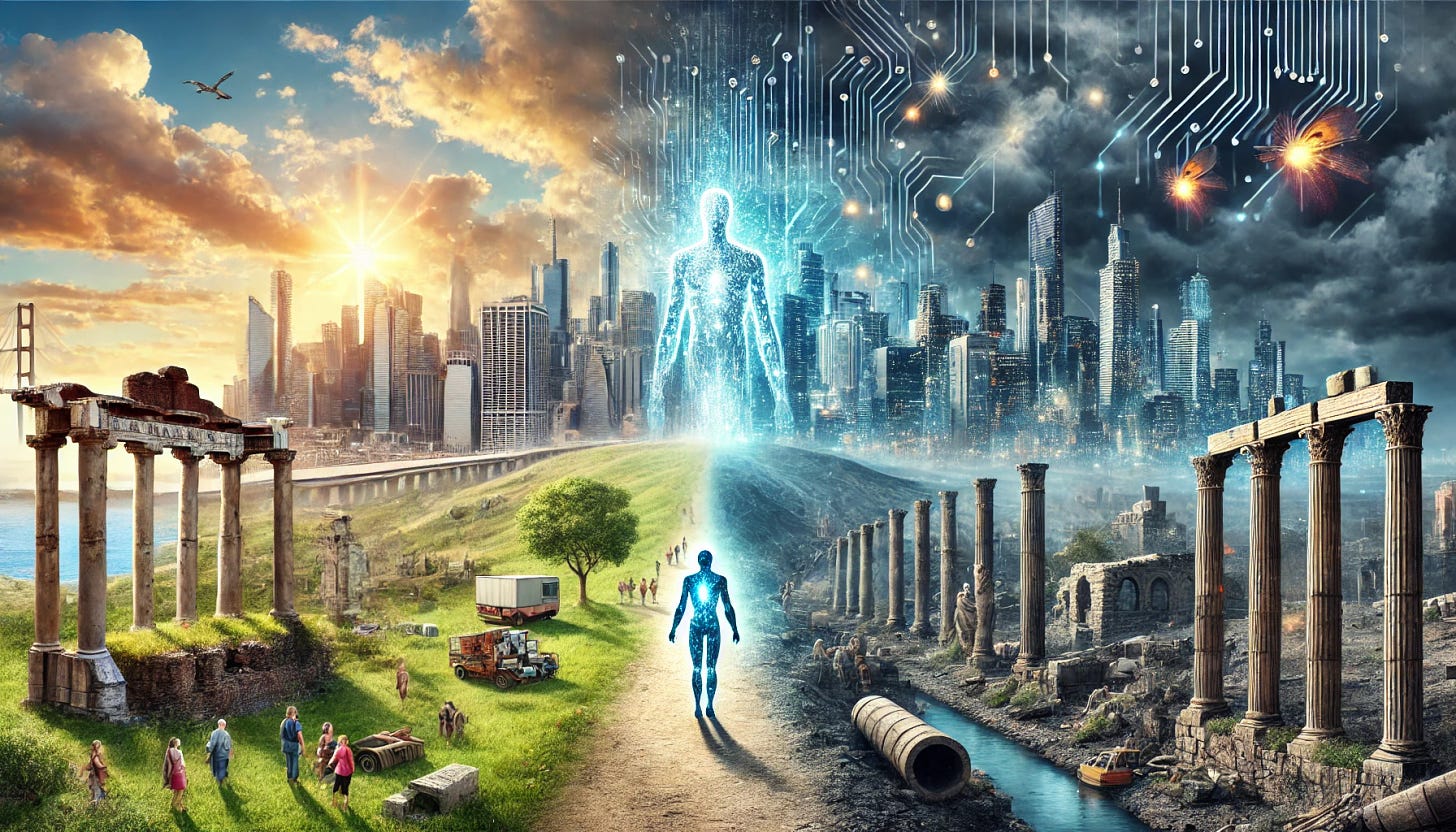 A landscape image that captures the contrast between progress and fragility in human civilization. On one side, depict a vibrant, futuristic city with towering skyscrapers, advanced technology, and people thriving. On the other side, show ruins and decay, where remnants of a once-great civilization, like broken aqueducts and dismantled fiber optic cables, are being used for basic survival needs. In the middle, a symbolic representation of AI, a towering figure made of light and digital code, stands overseeing both sides, embodying the potential for both salvation and destruction. The background should gradually transition from a bright, hopeful sky on the side of progress to a dark, stormy sky over the ruins, symbolizing the uncertain future. 