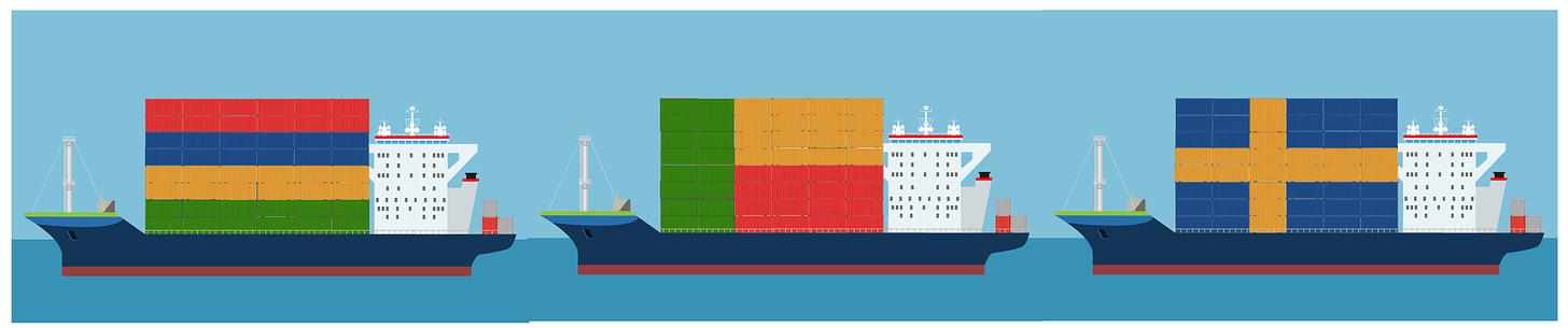 Three cargo ships with their coloured crates arranged into (approximations of) the national flags of Mauritius, Benin and Sweden