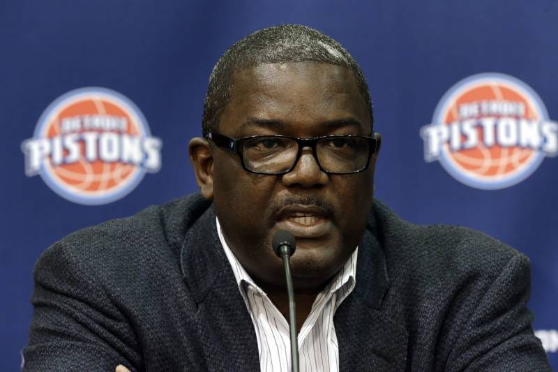 Detroit Pistons President of Basketball Operations Joe Dumars speaks at the NBA basketball team's training facility in Auburn Hills, Mich., Friday, June 28, 2013.  (AP Photo/Paul Sancya)