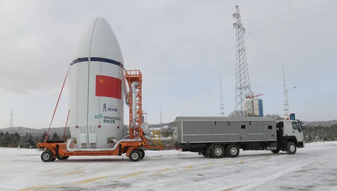 The Long March 6A Y22 vehicles fairing during transportation to the launch pad for integration with the rest of the vehicle.