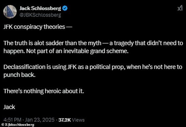 Schlossberg, JFK's only grandson and a social media favorite, took to X to furiously criticize the files' release and the hype over the information finally coming out