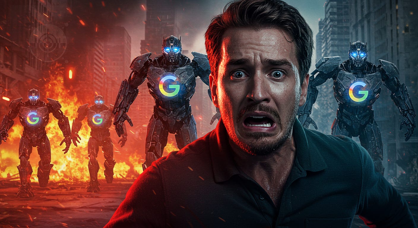 man running in terror from robots in a burning city with a G logo on their chest