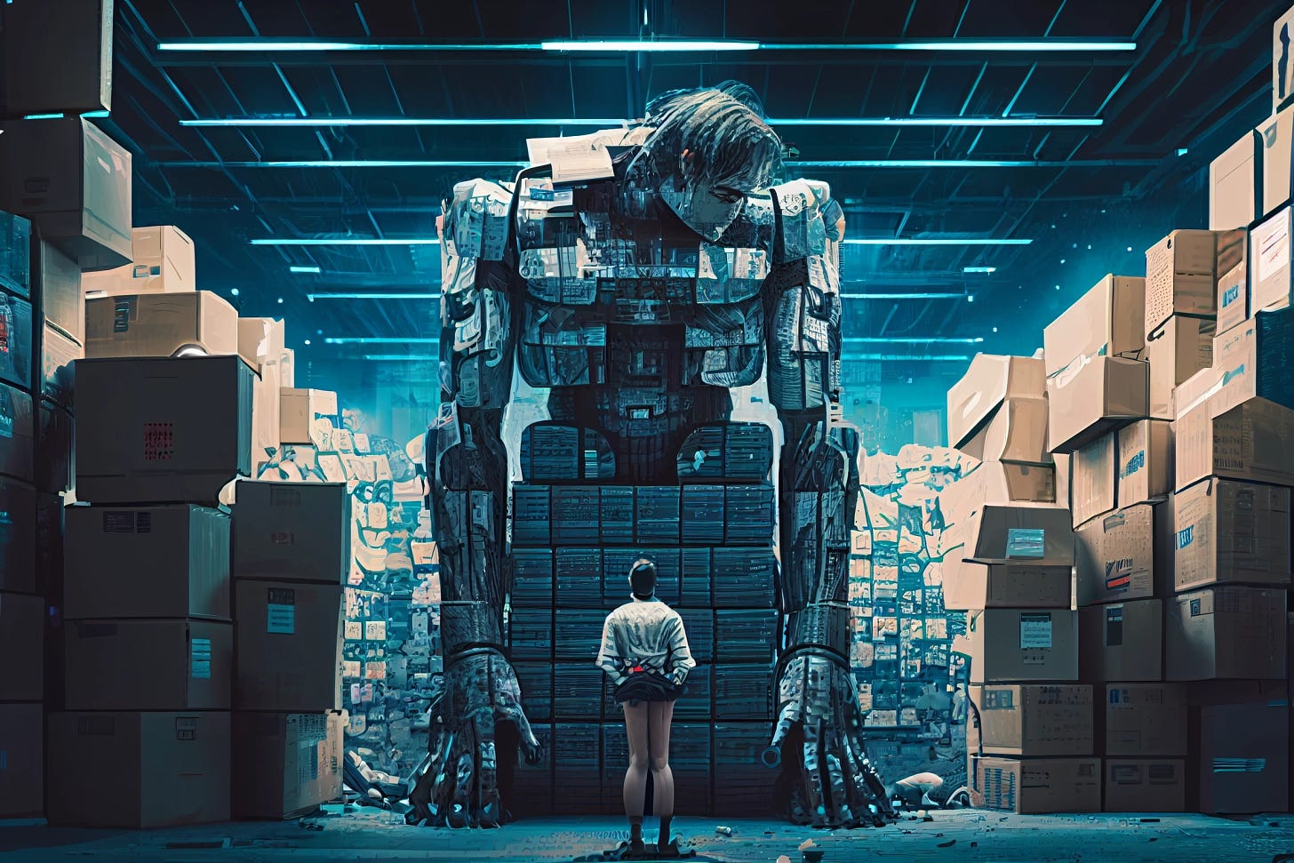 Midjourney-generated image of a woman in a massive warehouse filled with countless boxes, with a large AI robot in the middle overlooking it.