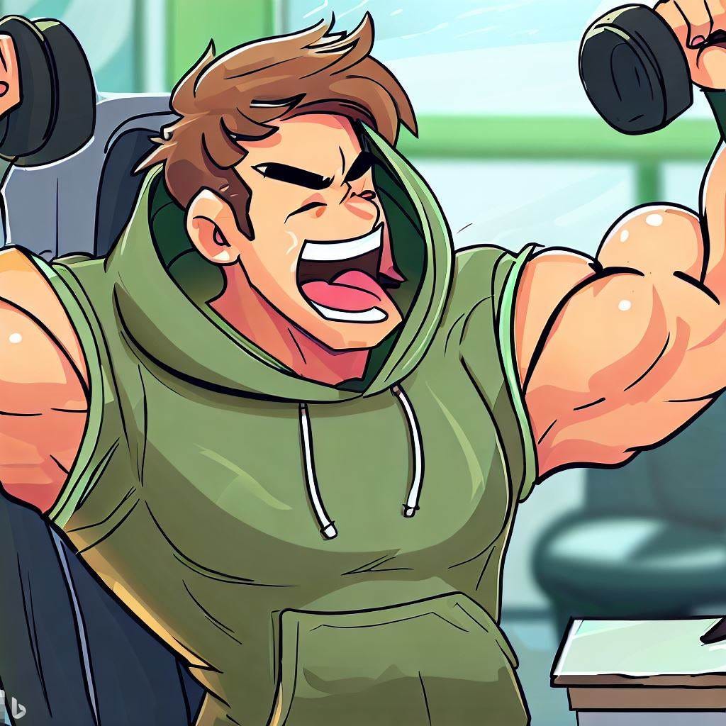 A cartoon of a man in a green hoodie lifting weights.