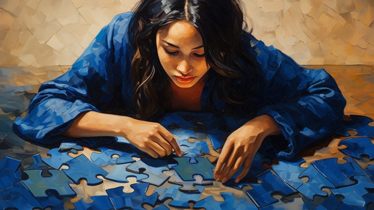 a woman puts together puzzle pieces