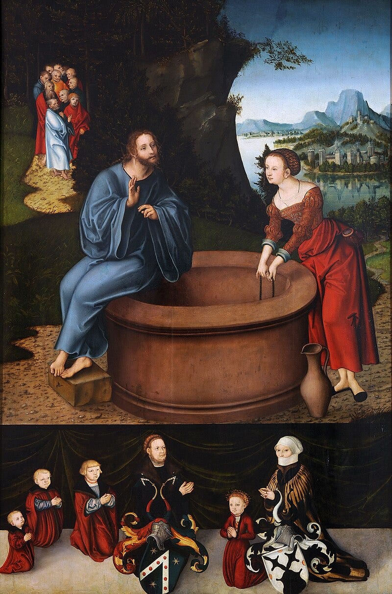 Stylized 16th century Jesus and the Samaritan woman, with art patrons underneath