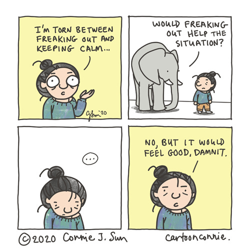 cartoon about coping with anxiety and uncertainty and being torn between freaking out and keeping calm, sketchbook comic by Connie Sun, cartoonconnie