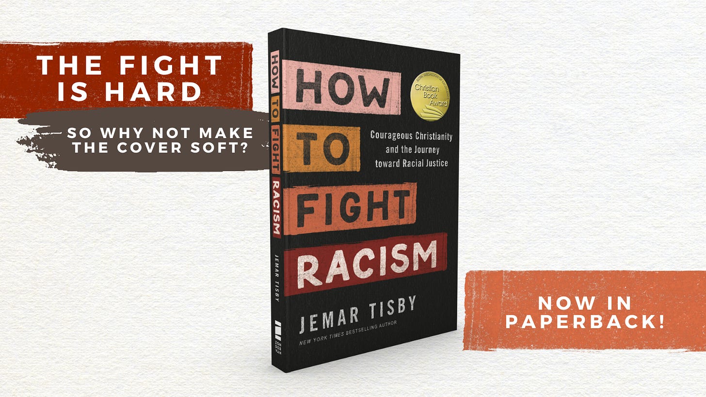 Graphic of cover of How to Fight Racism with slogan "The fight is hard, so why not make the cover soft?"