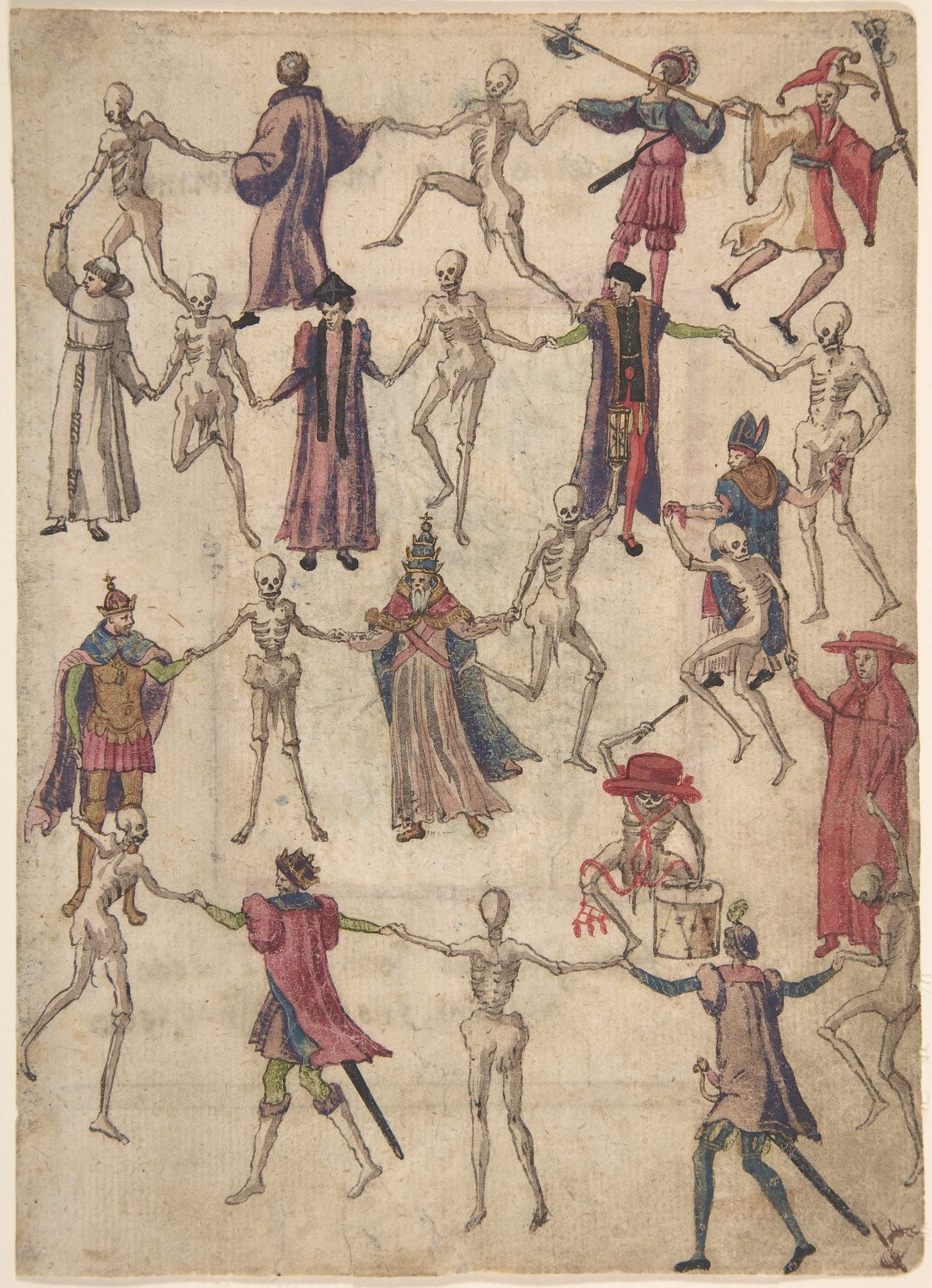 Ink and watercolor drawing of a danse macabre from 16th century Germany with skeletons and people holding hands 
