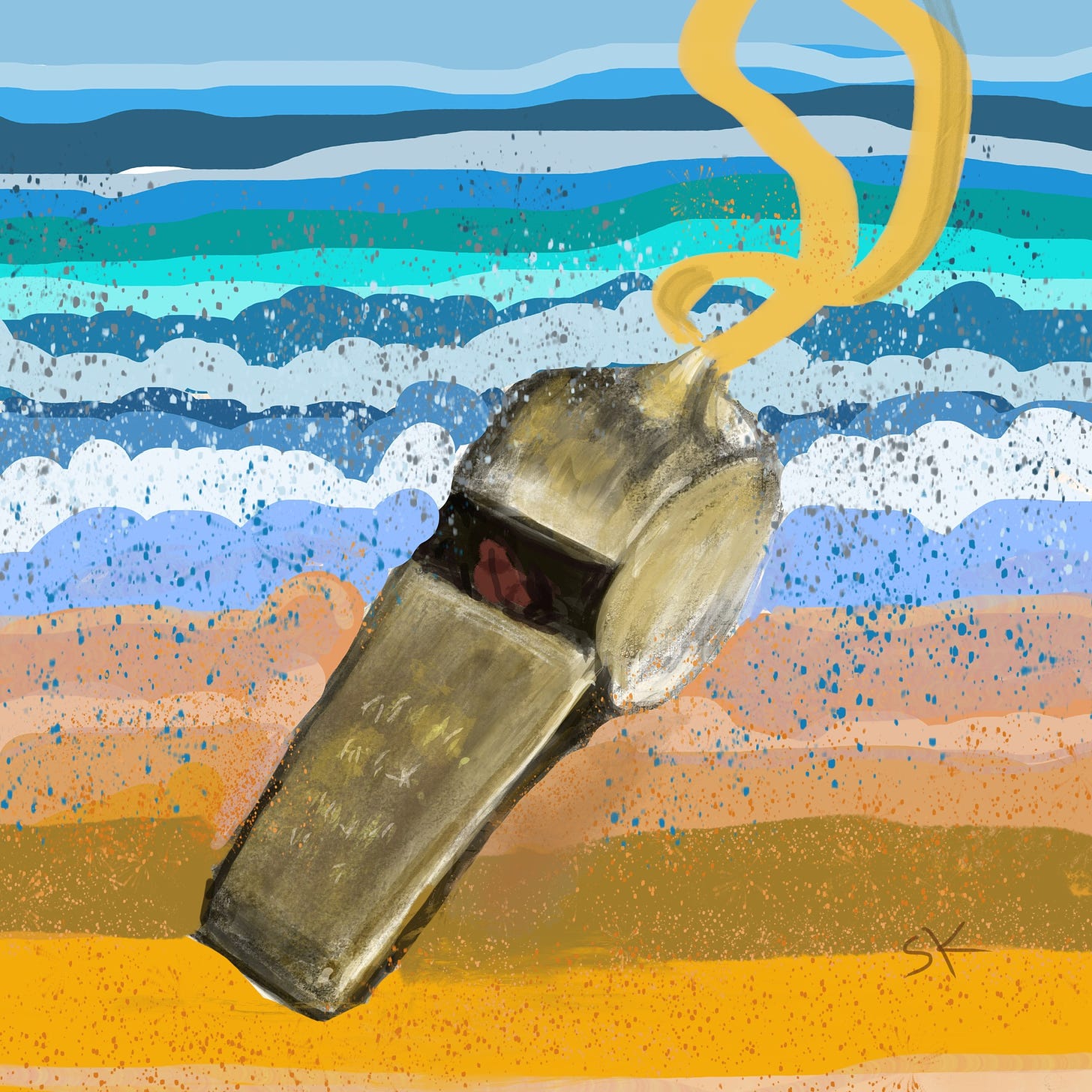 Abstract painting by Sherry Killam arts featuring a vintage metal whistle on a yellow lanyard above a beach scene with surf, waves, and blue sky.