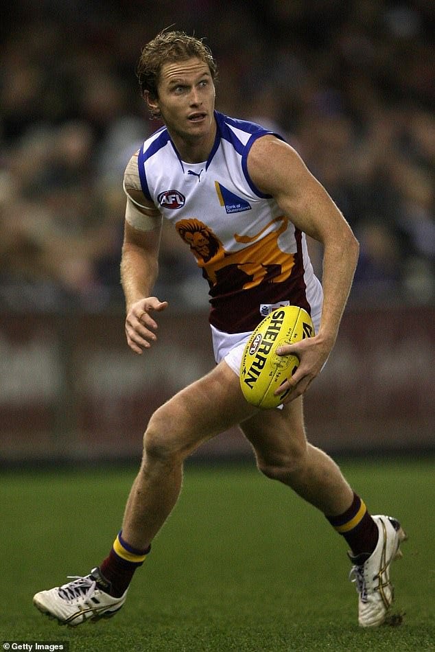 Troy Selwood is pictured playing for the Brisbane Lions, where he starred in 75 games from 2003 to 2010