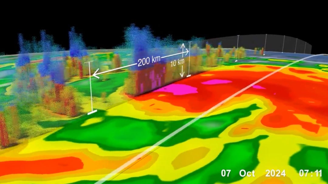 colorful depiction of the heart of the hurricane Milton. It shows a diameter of 200 km