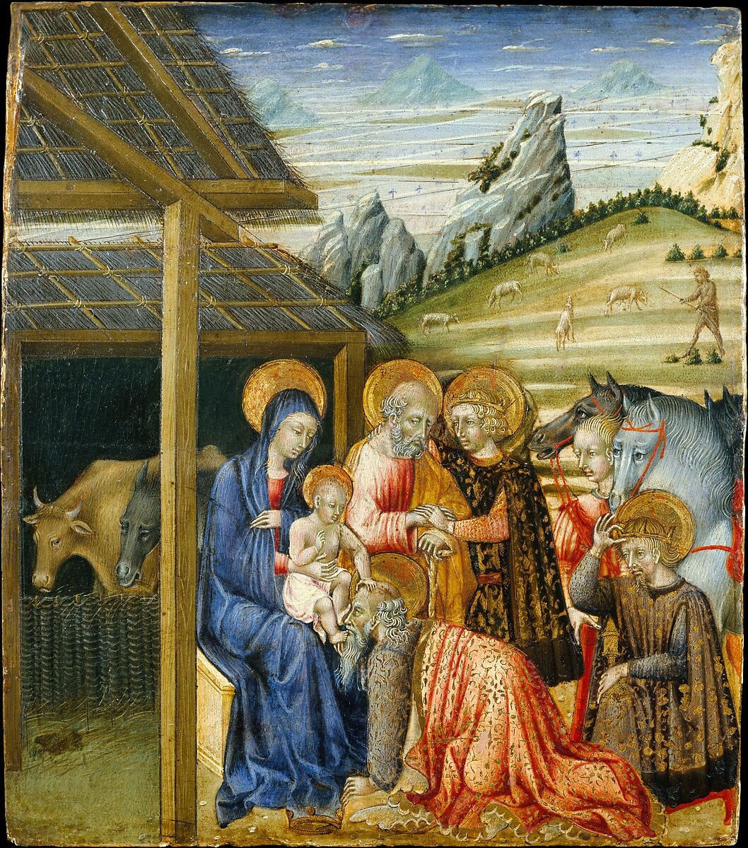 The Adoration of the Magi, Giovanni di Paolo (Giovanni di Paolo di Grazia) (Italian, Siena 1398–1482 Siena), Tempera and gold on wood 