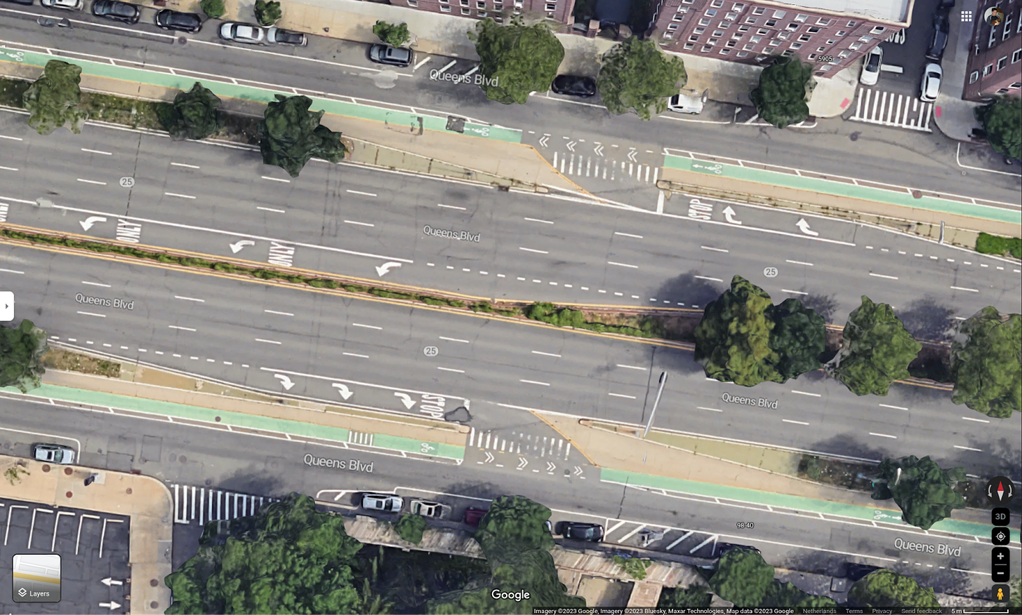 Satellite view of Queens Boulevard showing how the slip ramps have been redesigned to be turn lanes.