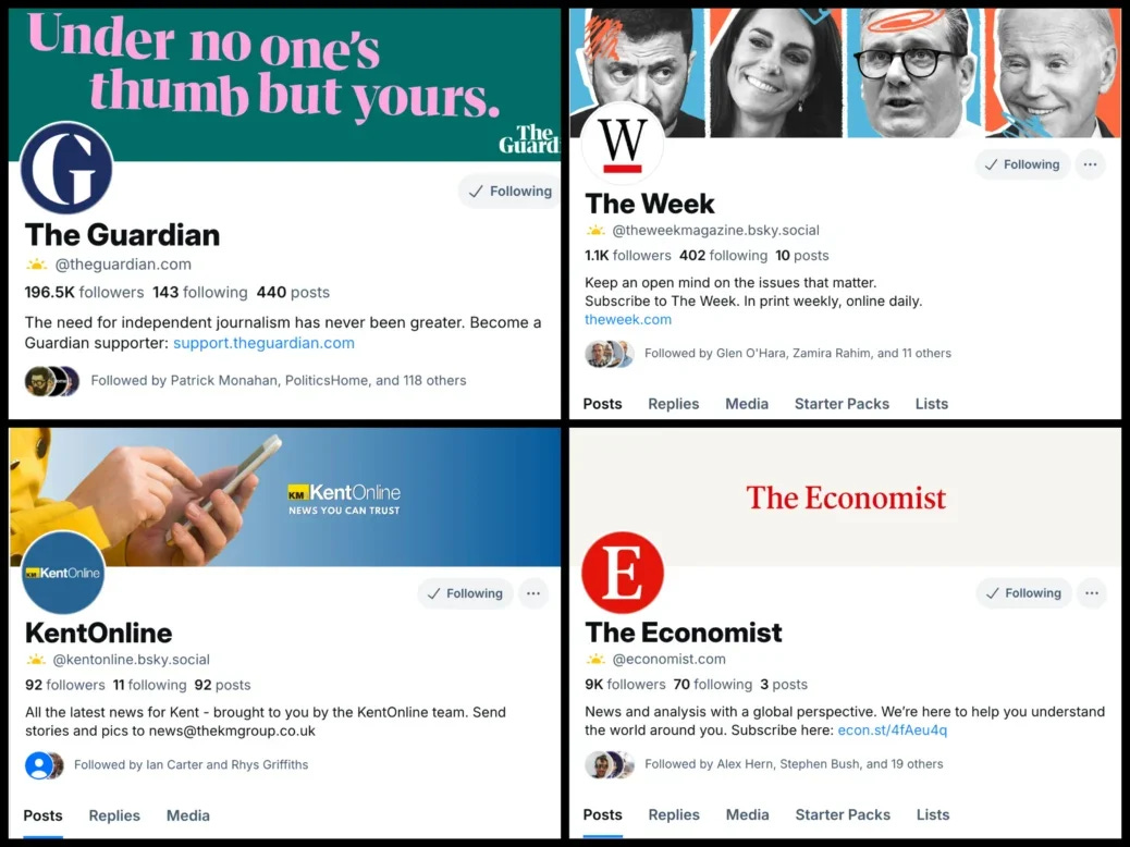 The newly-launched Bluesky accounts of (clockwise from top left) The Guardian, The Week, The Economist and Kent Online. Screenshots: Press Gazette