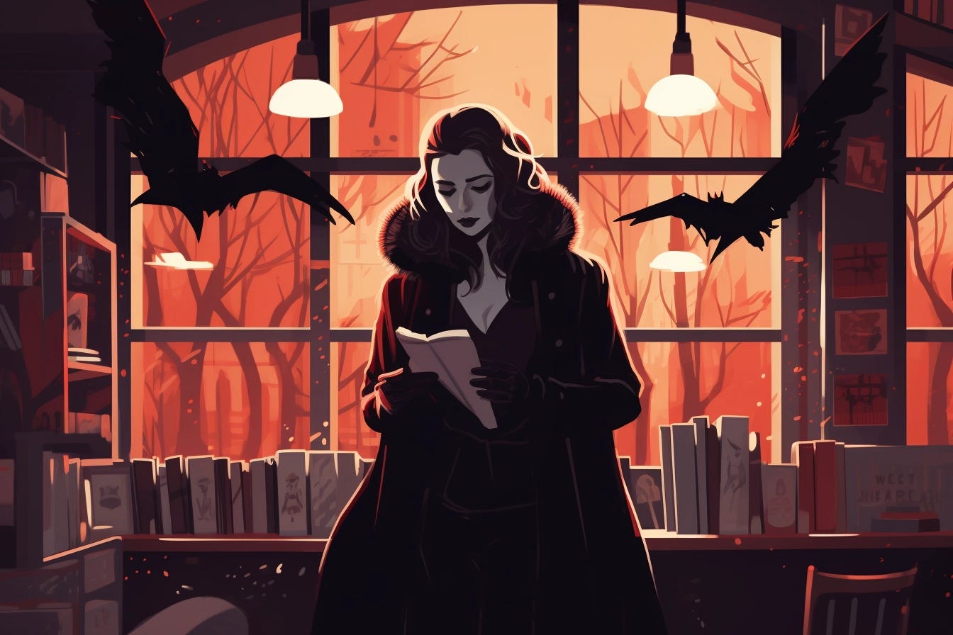 An illustration of a pale skinned, female vampire with dark hair in a long coat. She is in a autumn vibes bookshop, reading a book, with bats flying around her.