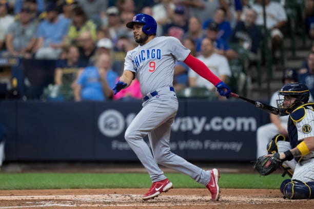 Jeimer Candelario of the Chicago Cubs bats in a game against the Milwaukee Brewers at American Family Field on September 30, 2023 in Milwaukee,...