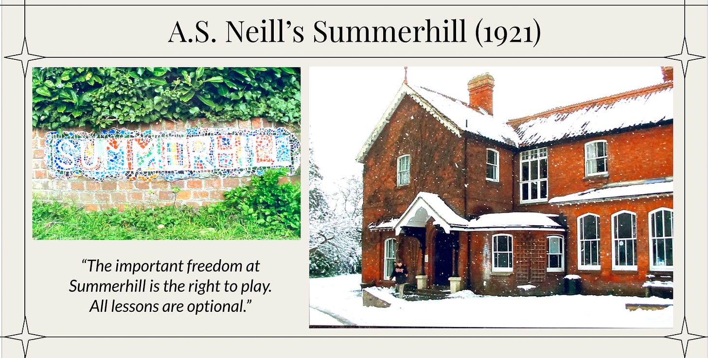 Two photos of the Summerhill School, one is a low brick wall covered in ivy with the word Summerhill created in colorful mosaic; the other a snow covered brick building
