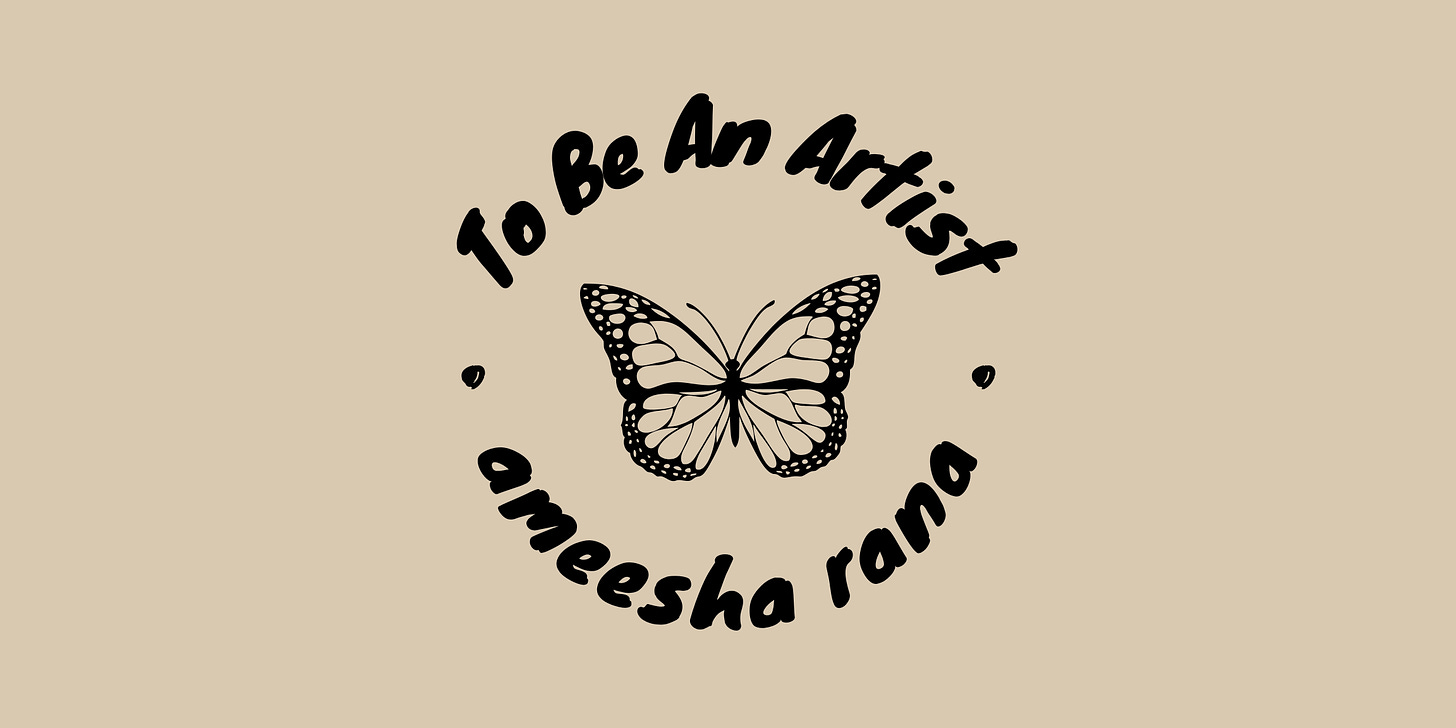 The logo of To Be An Artist where a black coloured butterfly is surrounded by black text arranged in a circular pattern around it on a beige background.