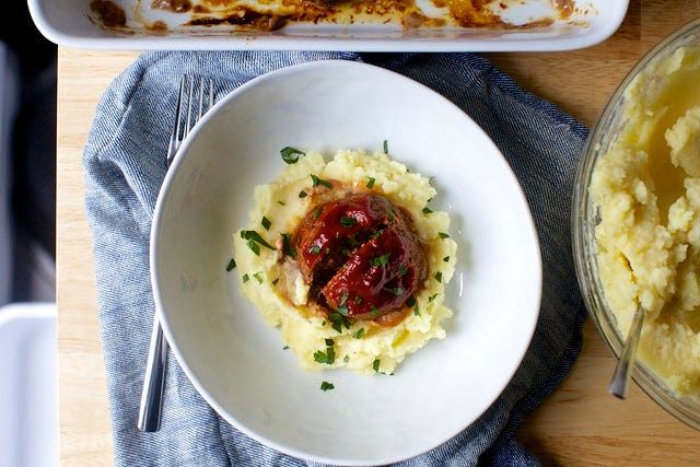 tomato-glazed meatloaves with brown butter mashed potatoes