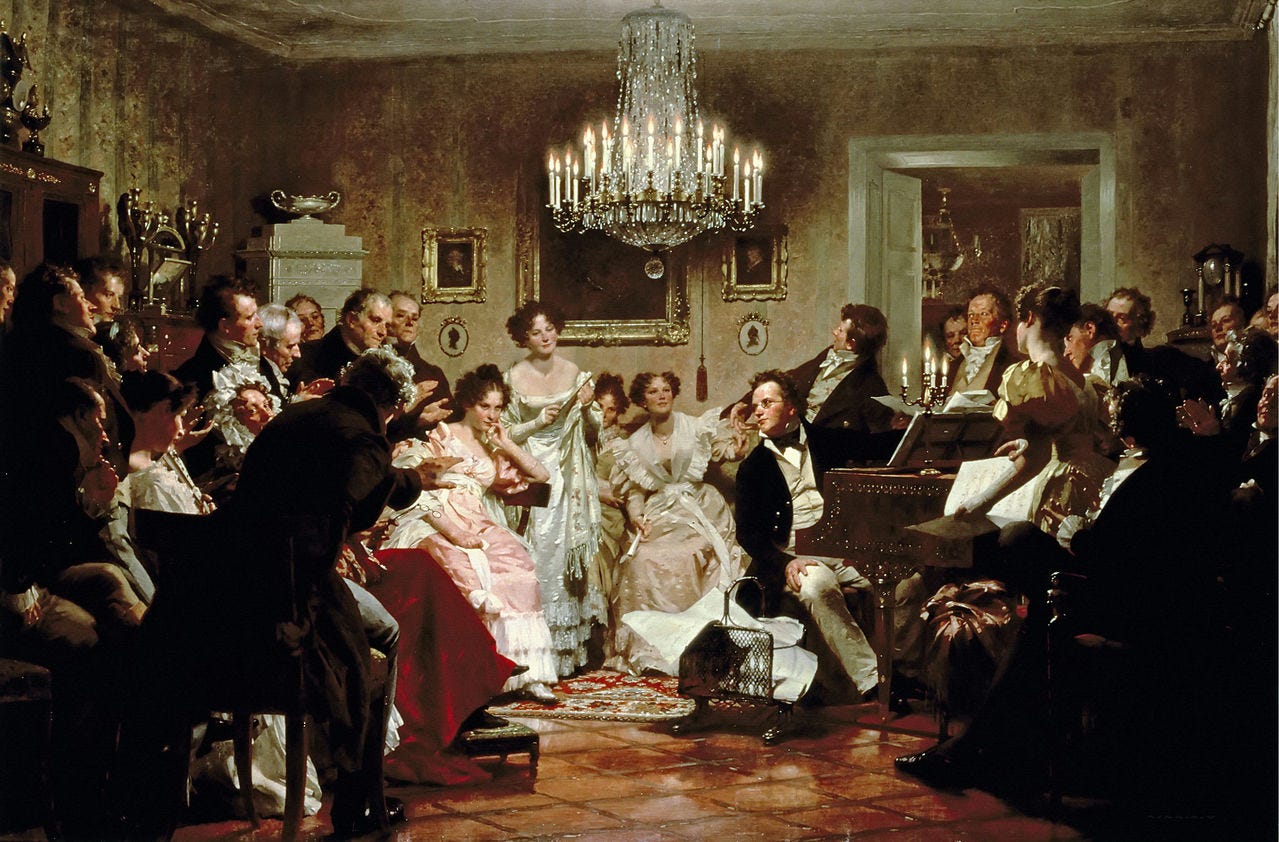 Oil painting depicting a late-night concert in a lavish home with dozens of people seated and standing around a grand piano