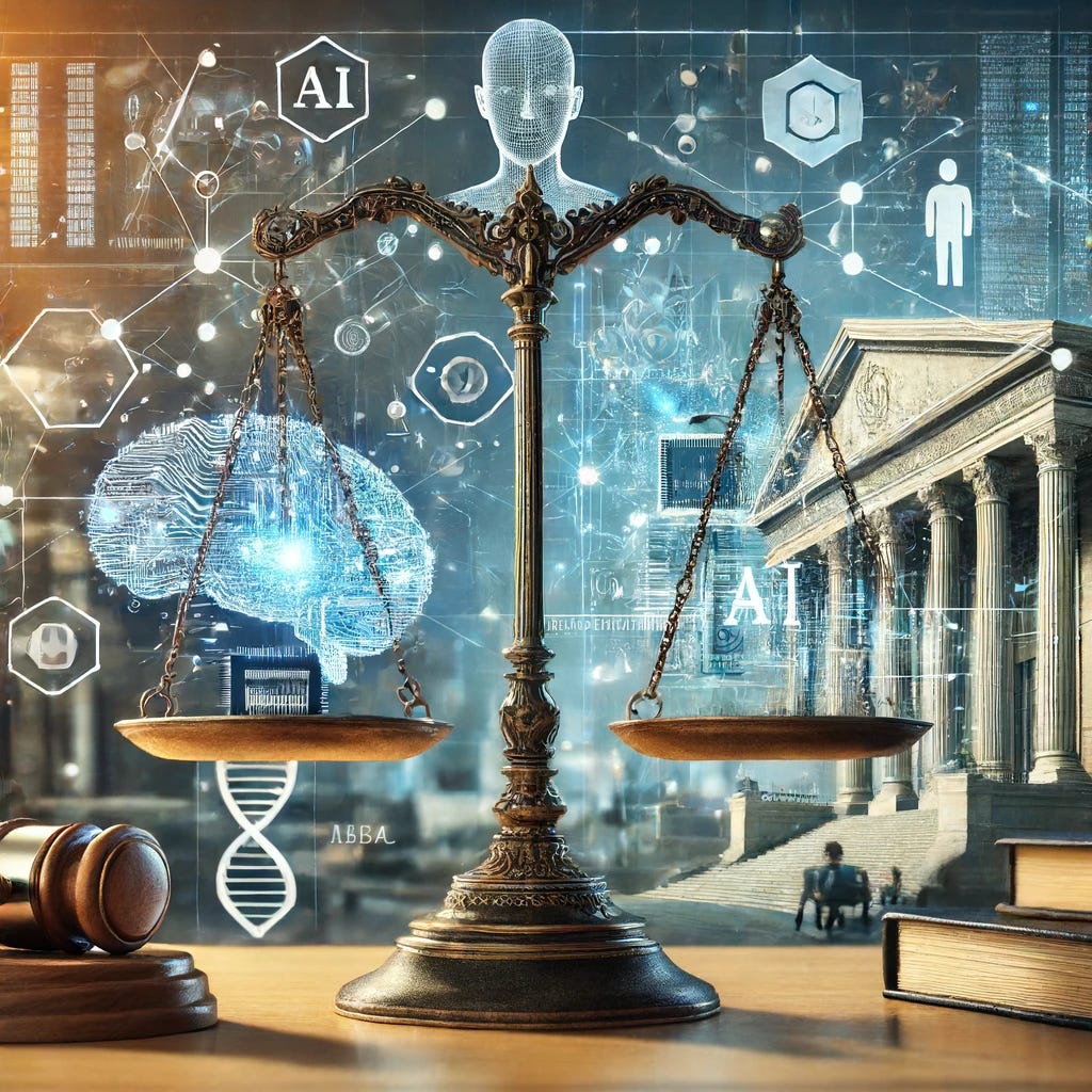 An image representing the intersection of AI and legal compliance. The scene features a balanced scale symbolizing justice, with one side containing digital elements like AI neural networks and algorithms, and the other side containing legal books and documents. In the background, there are subtle futuristic elements, including holographic interfaces and a courthouse with modern architecture. The colors are professional, with tones of blue, silver, and gold to emphasize trust, innovation, and integrity.