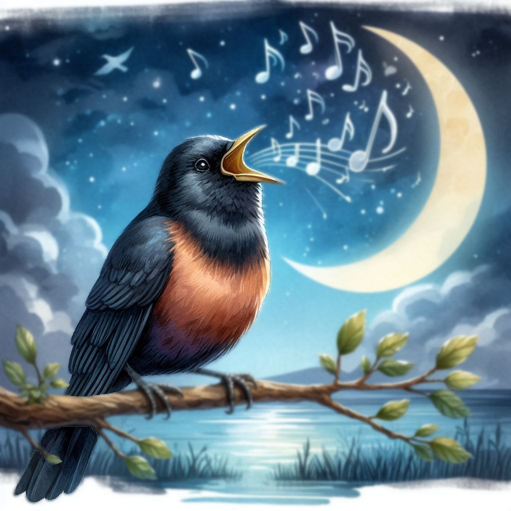 Blackbird singing at night in the style of a watercolor painting. Generated by AI
