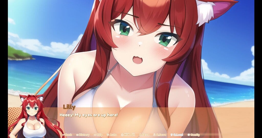 A catgirl tells the player to stop looking at her cleavage