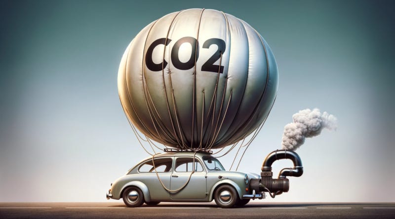 ChatGPT & DALL-E generated panoramic satirical image depicting a car with an oversized CO2 balloon attached, humorously illustrating the impracticality of capturing CO2 directly from moving vehicles.