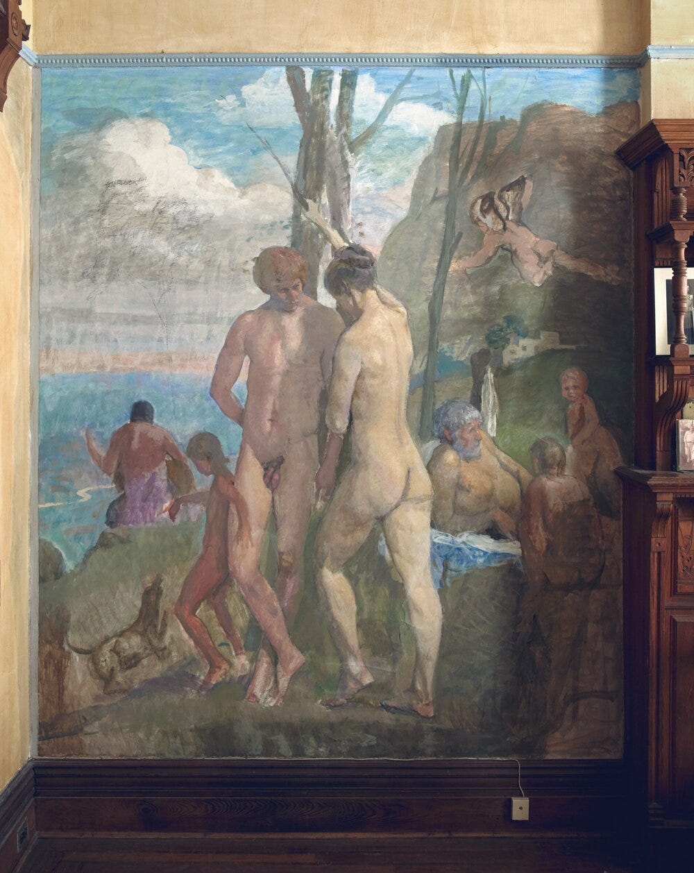 A painting of a bucolic scene in a classical tradition with a man and woman standing nude in the foreground. The woman's back is visible, one arm above her head, grasping a tree branch above the head of a man who faces forward, head dipped in a listening pose. There is a small child, also nude, playing with a dog, leaning against the man's leg with an arm reaching toward his knee. A cupid flies through the air, and other nude and scantly clad figures are arranged on the hillside, including a reclining older man leaning on one arm.